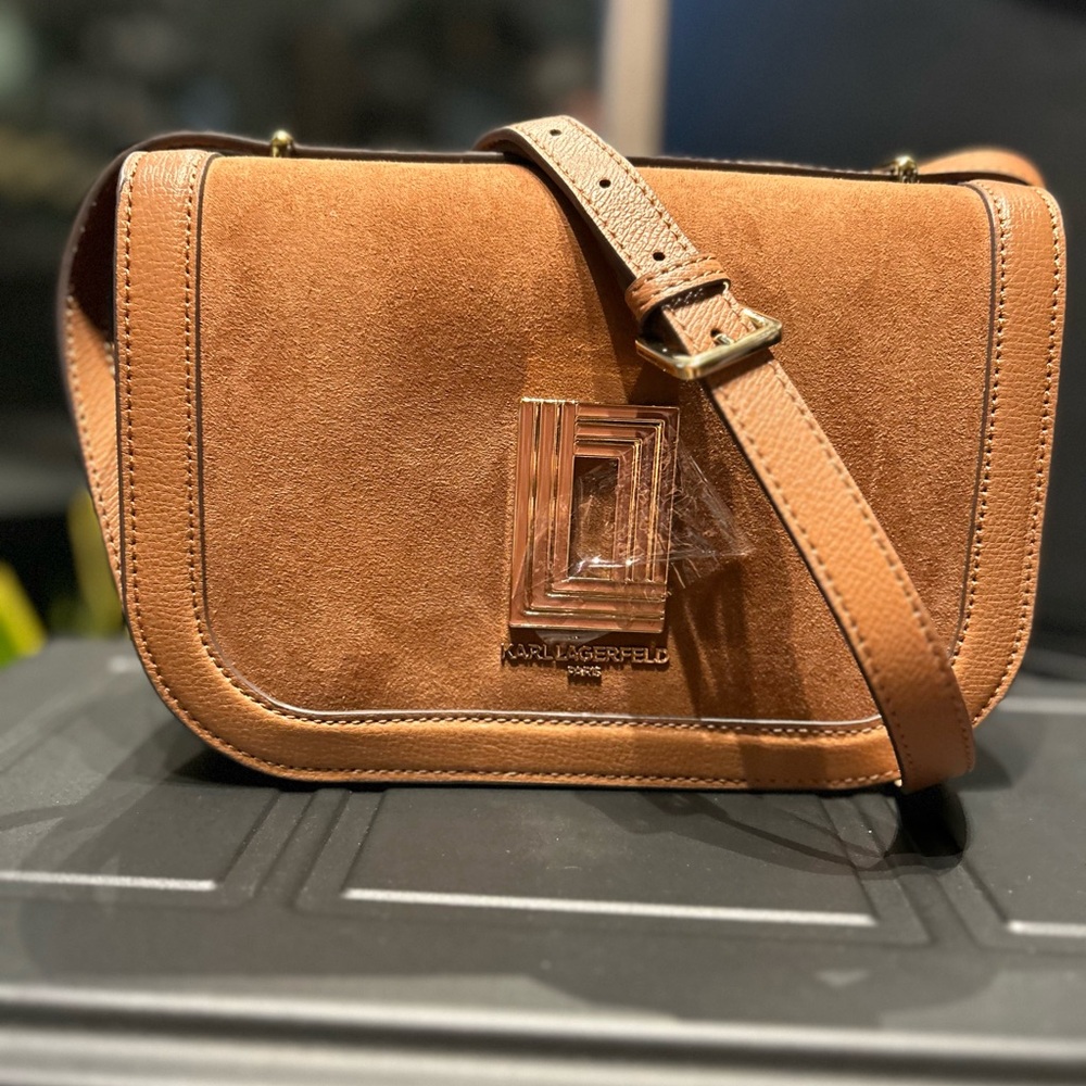 NWT Karl Lagerfeld Simone Suede Crossbody Bag - Honey Bear LH2EZ5BZ $248